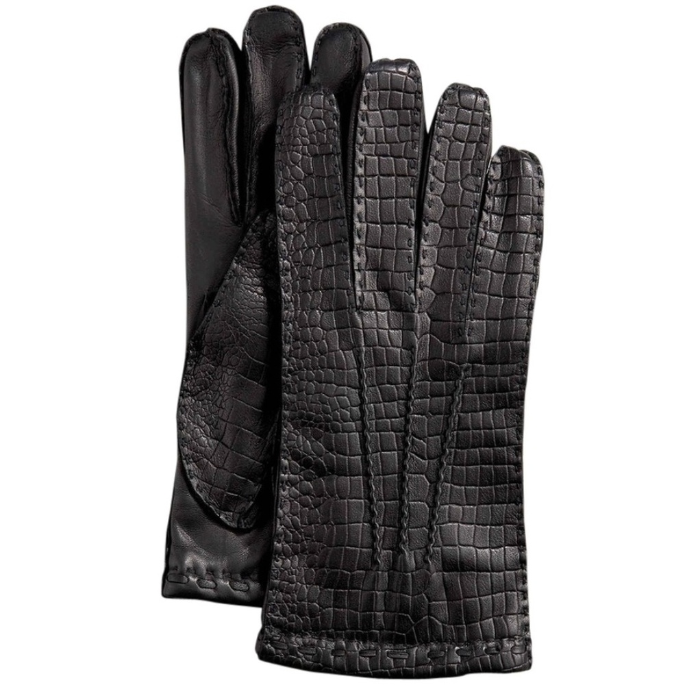 Men’s Croc-Embossed Leather Lined Gloves, Black - NWT